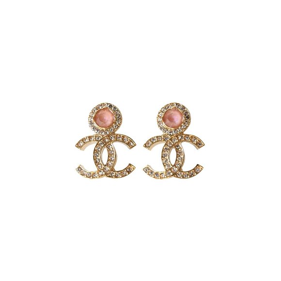 Chanel 23B Pink Crystal Strass CC Logo Stud Earrings Gold - Picture 1 of 1